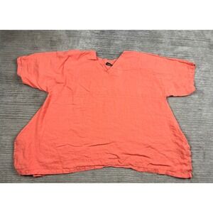 Match Point Top Womens OS Coral Orange Linen V-Neck Oversized Tunic Short Sleeve